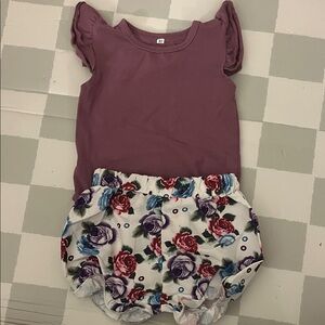Purple Ruffled Sleeve Top and Floral Shorts Set